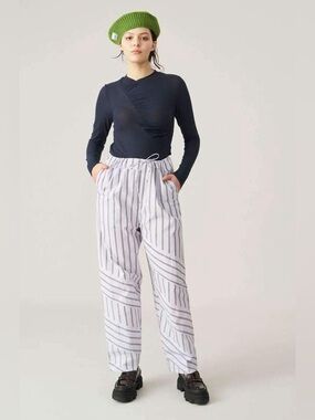 Ganni Striped Cotton Poplin Drawstring Pants